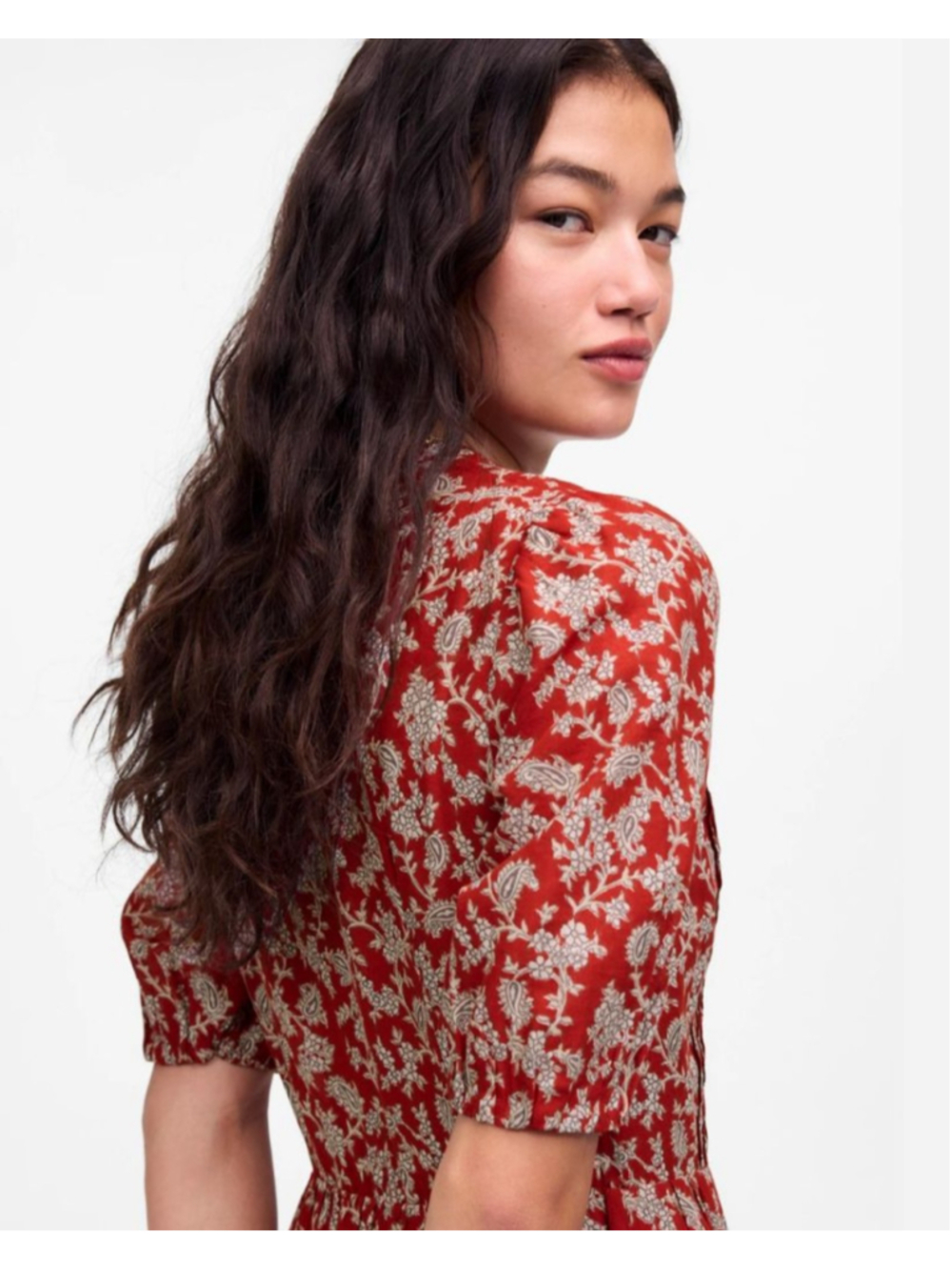 MADEWELL NWT Red Beige Puff Sleeve Floral Print Midi Dress Size 10 - Picture 5 of 9